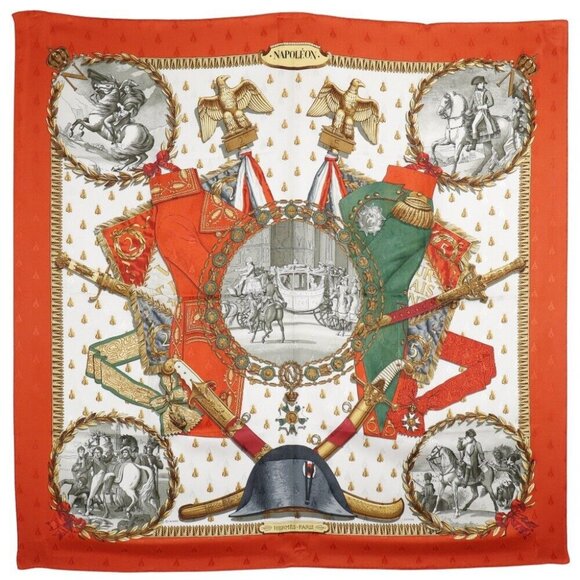 HERMES Carree90 scarf NAPOLEON Napoleon White / orange silk Women - Picture 1 of 10